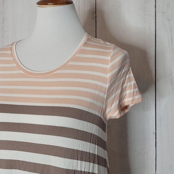 Little Yellow Button‎ Asymmetrical Stripe Tunic Top Women M Peach Brown White - Picture 3 of 8